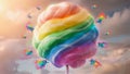 A vibrant, whimsical image featuring a colorful, rainbow-swirled cotton candy on a stick with dreamy fluffy clouds Royalty Free Stock Photo