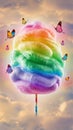 A vibrant, whimsical image featuring a colorful, rainbow-swirled cotton candy on a stick with dreamy fluffy clouds Royalty Free Stock Photo