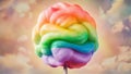 A vibrant, whimsical image featuring a colorful, rainbow-swirled cotton candy on a stick with dreamy fluffy clouds Royalty Free Stock Photo