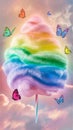 A vibrant, whimsical image featuring a colorful, rainbow-swirled cotton candy on a stick with dreamy fluffy clouds Royalty Free Stock Photo