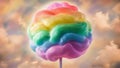 A vibrant, whimsical image featuring a colorful, rainbow-swirled cotton candy on a stick with dreamy fluffy clouds Royalty Free Stock Photo