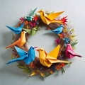 A vibrant and whimsical scene unfolds in this image, featuring an assortment of colorful origami birds.