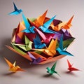 A vibrant and whimsical scene unfolds in this image, featuring an assortment of colorful origami birds.