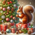 Vibrant Whimsical Squirrel in Colorful Folklore Art Style with Intricate Patterns and Nature Elements