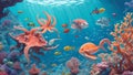 A vibrant, whimsical underwater scene featuring a colorful school of fish Royalty Free Stock Photo