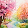 Vibrant and Whimsical Watercolor Painting of Spring Blossoms Royalty Free Stock Photo