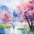 Vibrant and Whimsical Watercolor Painting of Spring Blossoms Royalty Free Stock Photo