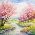 Vibrant and Whimsical Watercolor Painting of Spring Blossoms Royalty Free Stock Photo