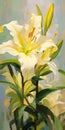 Vibrant White Lilies Oil Painting With Light Yellow And Emerald Green Colors Royalty Free Stock Photo