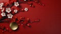 Vibrant white and red blossoms artistically arranged on a deep red background with a golden centerpiece.