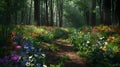 Vibrant Wildflower Pathway through Lush Forest in Springtime Royalty Free Stock Photo