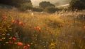 Vibrant wildflowers bloom in tranquil meadow scene generated by AI