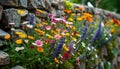 Vibrant Wildflowers Blooming Along a Rustic Stone Retaining Wall Royalty Free Stock Photo