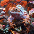 A vibrant wildlife image featuring a red-headed agama lizard on a branch, surrounded by decaying leaves and a small red Royalty Free Stock Photo