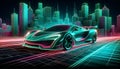 Vibrant wireframe sports car in digital cityscape, neon grid, futuristic design, sleek curves.
