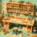 Vibrant Woodworking Studio in 3D Rendering