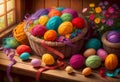 Vibrant Woolen Knitting Yarns in Baskets