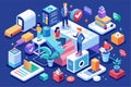 A vibrant workspace displays characters engaging in discussions and managing tasks with digital tools, Customizable isometric Royalty Free Stock Photo