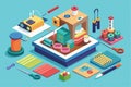 A vibrant workspace displays sewing supplies, featuring threads, scissors, and tools arranged thoughtfully, Customizable isometric Royalty Free Stock Photo