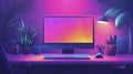 Vibrant workspace with neon glow and greenery Royalty Free Stock Photo