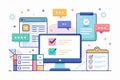 A vibrant workspace showcases customizable task management tools, featuring a computer screen, checklists, and feedback bubbles Royalty Free Stock Photo