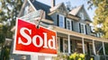 "Sold" Sign Displayed in Front of a Suburban Home. Royalty Free Stock Photo