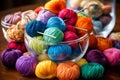 Vibrant yarn balls and knitting needles artfully arranged, perfect for adding your text