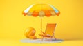 A vibrant yellow background adorned with a sun lounger, parasol, and inflatable ball Royalty Free Stock Photo