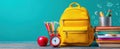 The vibrant yellow backpack alongside school supplies and an apple..AI generated image Royalty Free Stock Photo