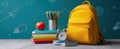 The vibrant yellow backpack surrounded by school supplies and an apple.AI generated image Royalty Free Stock Photo