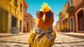 Vibrant Yellow Bird In Stylish Costume Design: A Cinematic Still In An Old Town