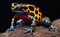 Vibrant yellow and black poison frog, rare and endangered species concept