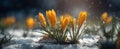 The vibrant yellow crocus blooms breaking through the melting snow in spring. AI generated image Royalty Free Stock Photo