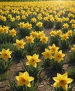 Vibrant yellow daffodils carpet a sunlit field , spring, grass Royalty Free Stock Photo