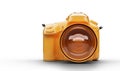 Vibrant yellow DSLR camera front view with large lens Royalty Free Stock Photo