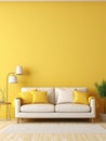 Vibrant yellow empty wall with space for text and cozy beige sofa. Interior design of modern living room Royalty Free Stock Photo