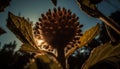 A vibrant yellow flower head silhouetted against a blue dusk generated by AI