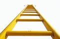 Vibrant yellow ladder against white backdrop symbolizes upward direction, progress, ambition. Scaffold structure is a metal