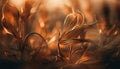 Vibrant yellow leaf in defocused meadow, backlit by sunset generated by AI Royalty Free Stock Photo