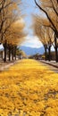 Vibrant Yellow Leaves On A Serene Street: A Fusion Of Pipilotti Rist And Chiho Aoshima Royalty Free Stock Photo