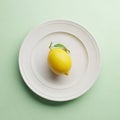 A vibrant yellow lemon with a green leaf rests on a stack of white plates Royalty Free Stock Photo