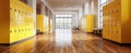 The vibrant yellow lockers lining a spacious school hallway bathed in natural light. AI generated image Royalty Free Stock Photo
