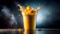 Vibrant yellow mango smoothie with fresh fruit cubes splashing into a cup, creating a dynamic and refreshing beverage concept Royalty Free Stock Photo