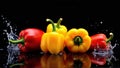 Vibrant yellow red peppers, water splash, black backdrop, water, cuisine Royalty Free Stock Photo