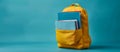 Bright Yellow Backpack With Books and Flowers Against a Blue Wall. Generative AI Royalty Free Stock Photo