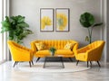 Vibrant yellow sofa and armchairs in room with white wall. Art deco interior design of modern living room Royalty Free Stock Photo