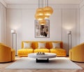 Vibrant yellow sofa and armchairs in room with white wall. Art deco interior design of modern living room. Created with generative Royalty Free Stock Photo
