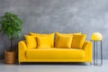 Vibrant yellow sofa with colorful cushions. Minimalist style home interior design of modern living room ai generated Royalty Free Stock Photo