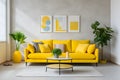 Vibrant yellow sofa with colorful cushions. Minimalist style home interior design of modern living room ai generated Royalty Free Stock Photo