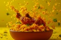 Vibrant Yellow Spicy Chicken Biryani with Flying Rice Grains on a Bright Background Traditional Indian Cuisine Dish Presentation Royalty Free Stock Photo